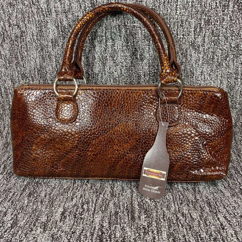 Primeware Insulated Wine Clutch Women OS Brown Faux Croc Textured Picnic Bag